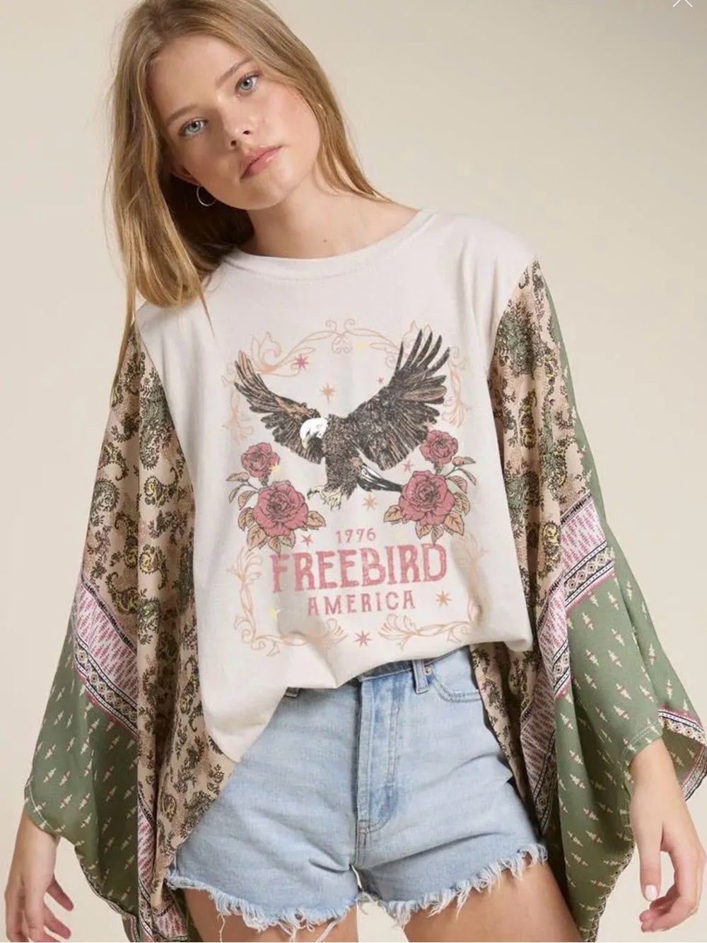 NWOT- Freebird America Graphic Tee with Green Paisley Sleeve Kimono